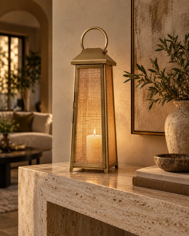 Tall rattan lantern with antique brass iron frame