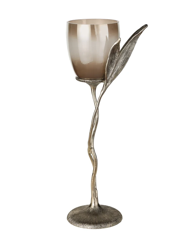 Ombre glass candle holder with sculptural antique gold aluminium frame