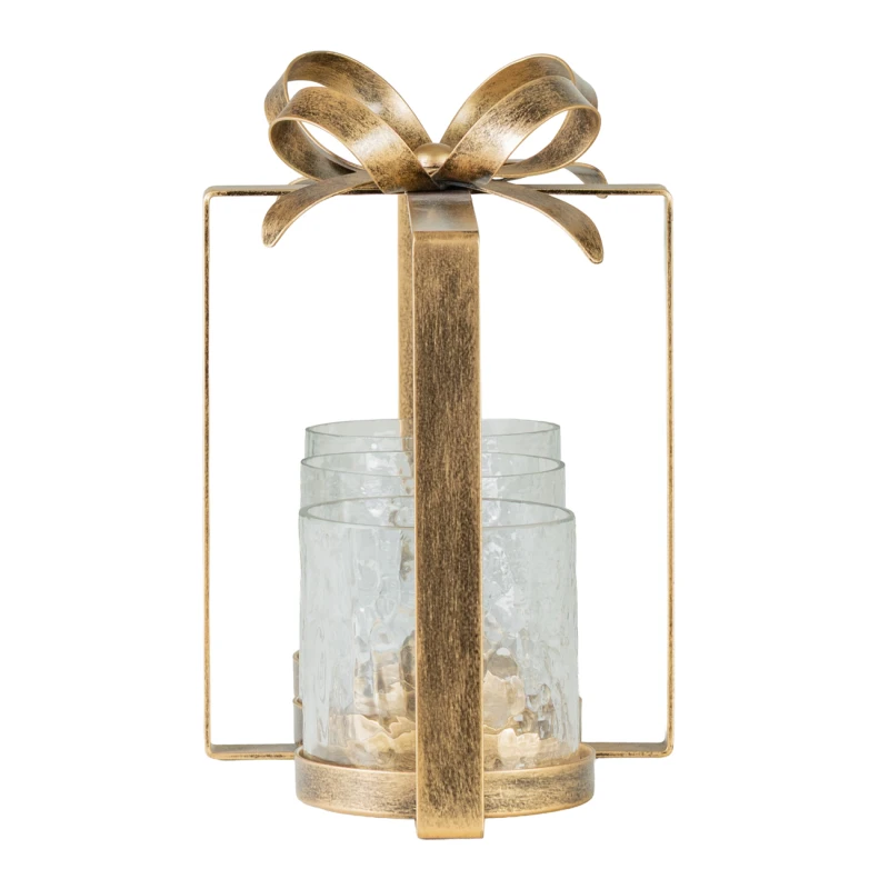 Gold Bow candle holder 37cm with three glass hurricanes