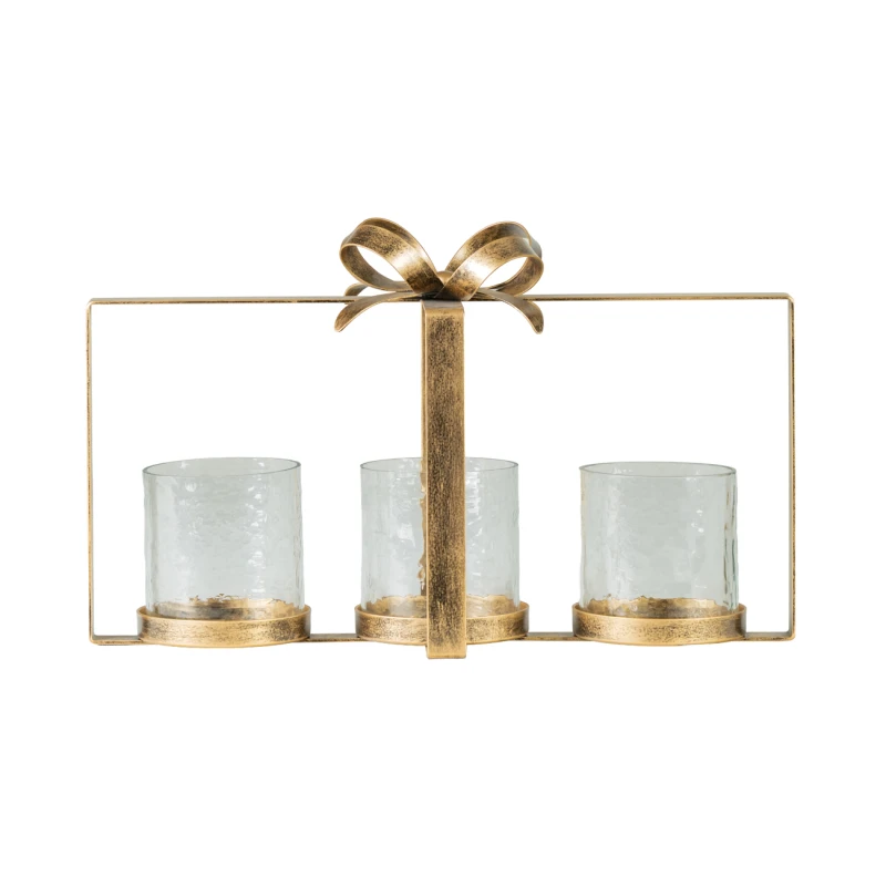 Bow 3-light candle holder in aged gold with hammered glass
