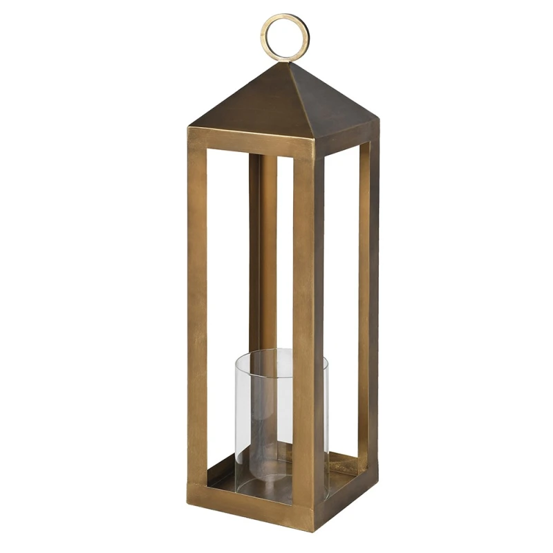 Large antique gold lantern with tall iron frame and glass candle holder