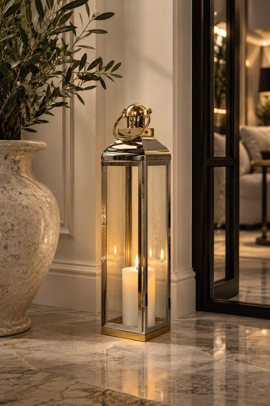 Gold and silver Duet floor lantern with clear glass panels