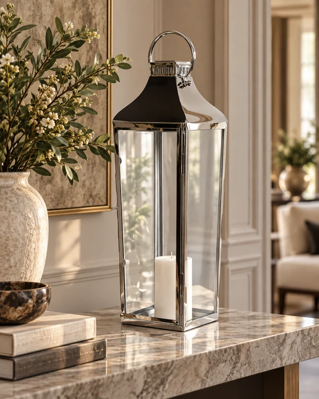 Sloane Silver lantern 71.5 cm in glass and stainless steel