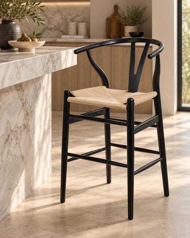 Linton Black rattan kitchen island stools in a luxury contemporary kitchen