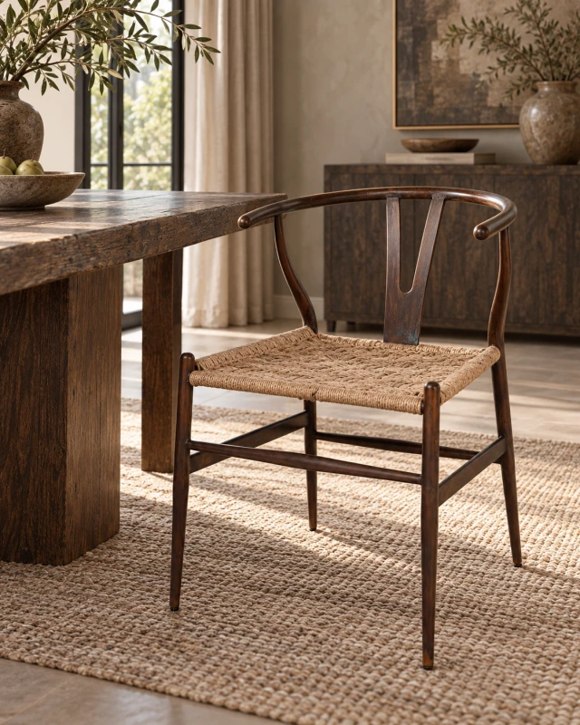 Linton Aged Iron jute dining chair in a luxury natural dining room