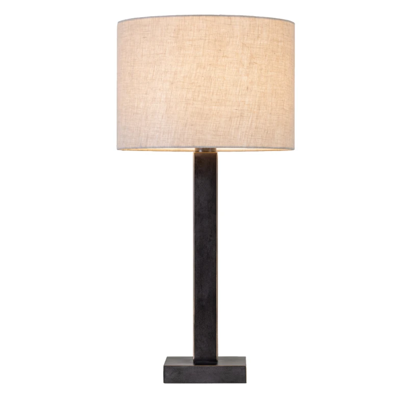 Black table lamp with natural fabric drum shade