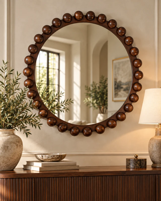 Large brown framed round mirror by K&B London