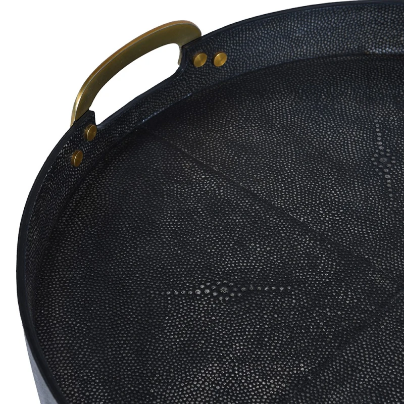 Black round tray with gold-tone handles