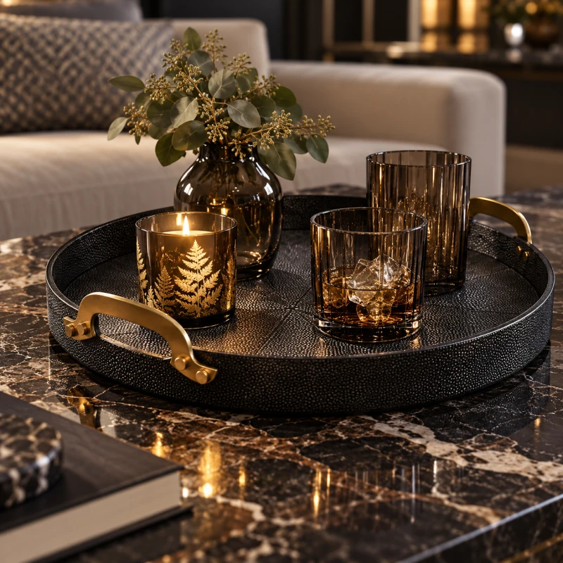 Eaton Black decorative tray styled on a marble coffee table