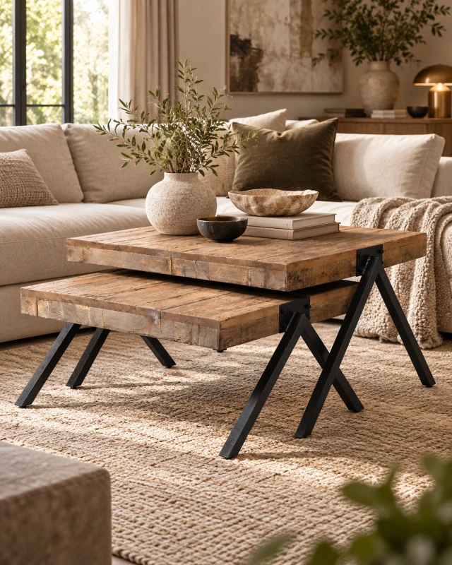 Reclaimed Oak Coffee Tables in two sizes with iron legs