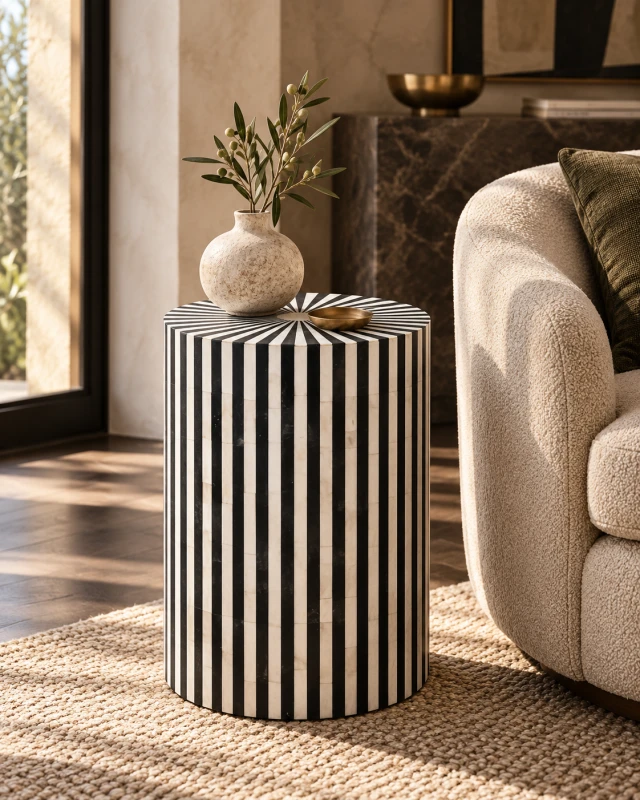 Kinnerton Side Table 46 cm round white and black stripes bone inlay mango wood