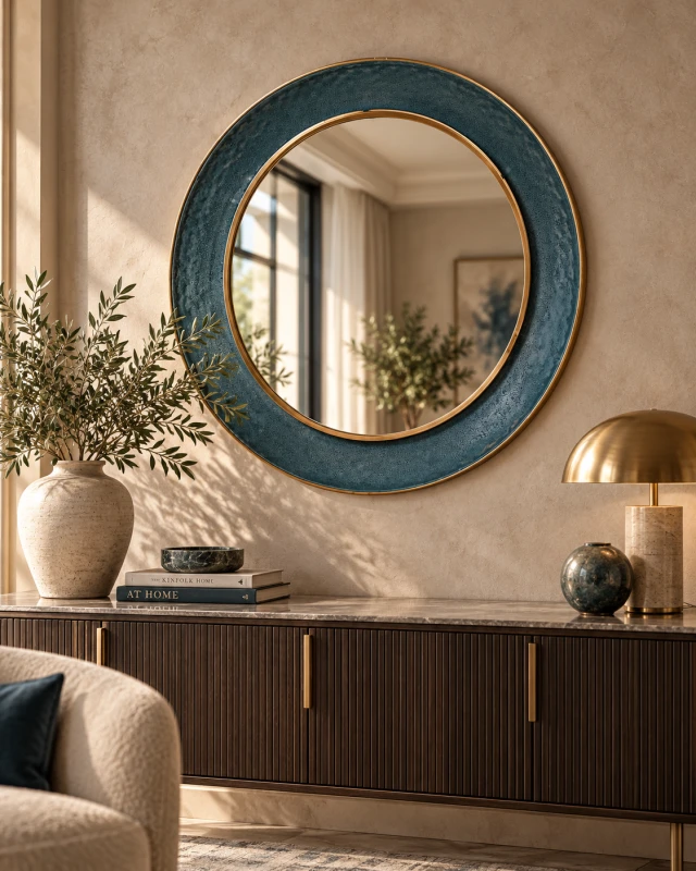 Round statement mirror with a hand-finished blue metal frame