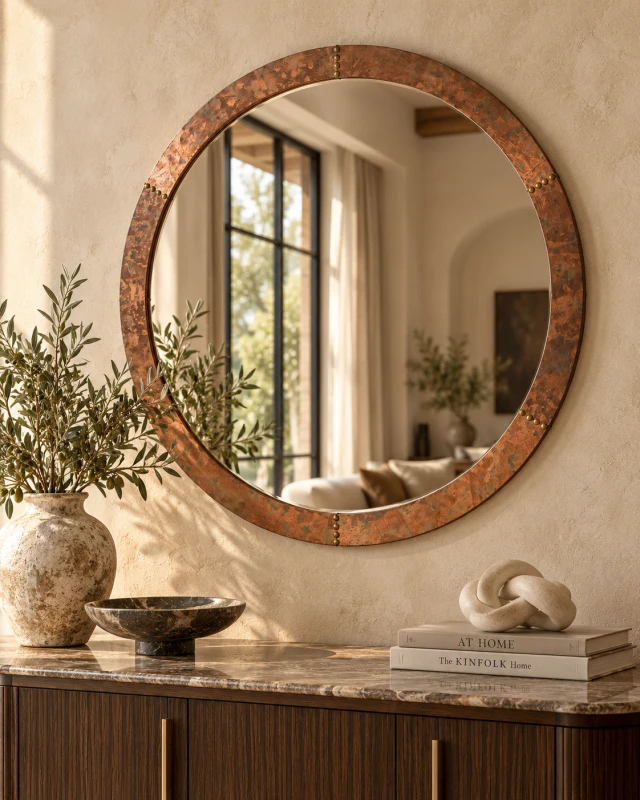Large round aged copper-effect wall mirror measuring 91.5 cm