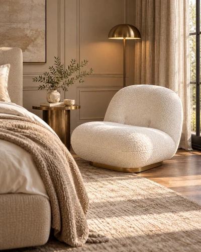 White & Gold Boucle Chair - Opulent Seating with a Gilded Steel Base