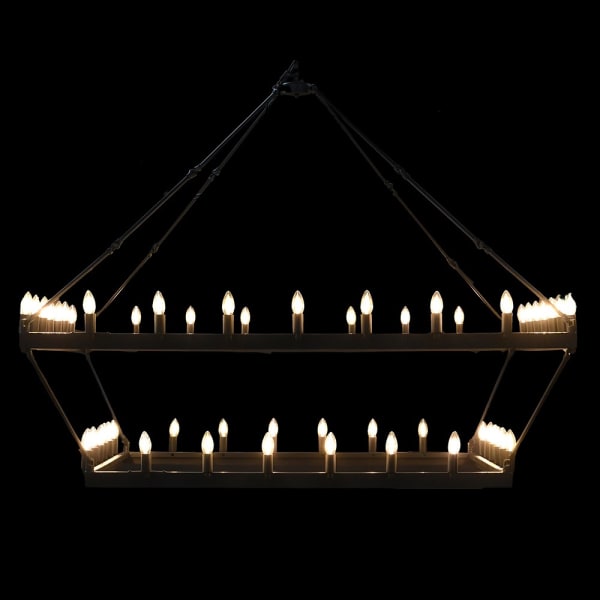 Large black metal chandelier with tiered geometric frame