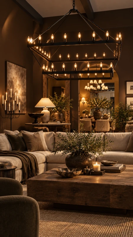 Oversized black chandelier above a luxury seating area