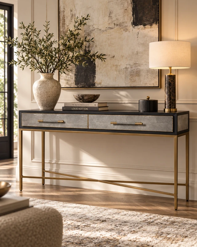 Enderby console crafted from faux shagreen, oak and iron