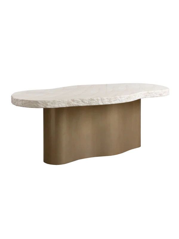 Large cream dining table with sculptural antique brass effect base