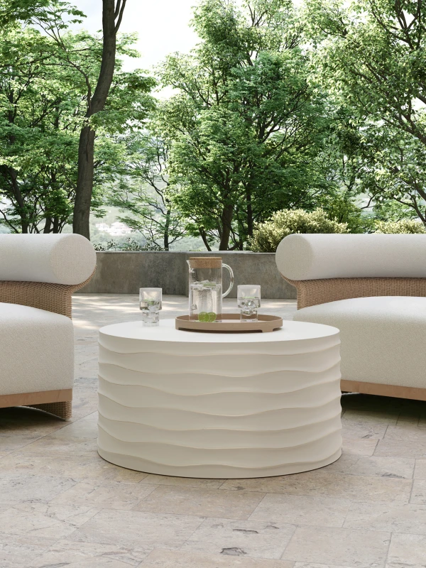 Aldwych Cream round coffee table in outdoor setting