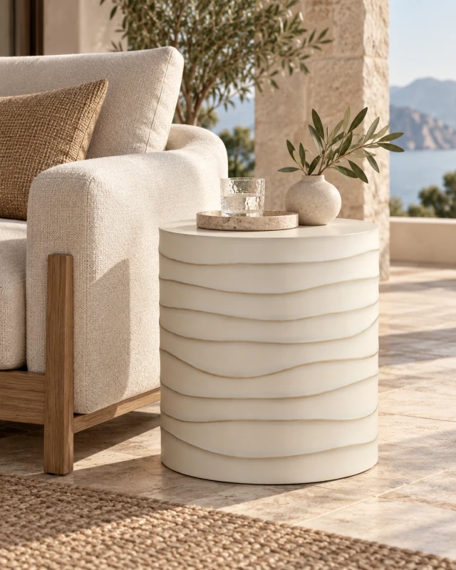 Cream sculptural side table with wave-like ridges