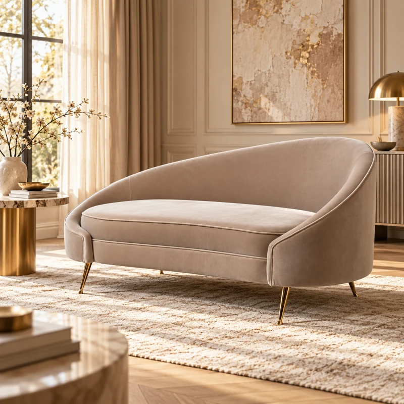 Olive Mink grey velvet chaise longue with gold stainless steel legs