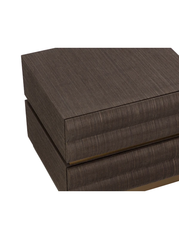 Close-up of chocolate raffia bedside table finish