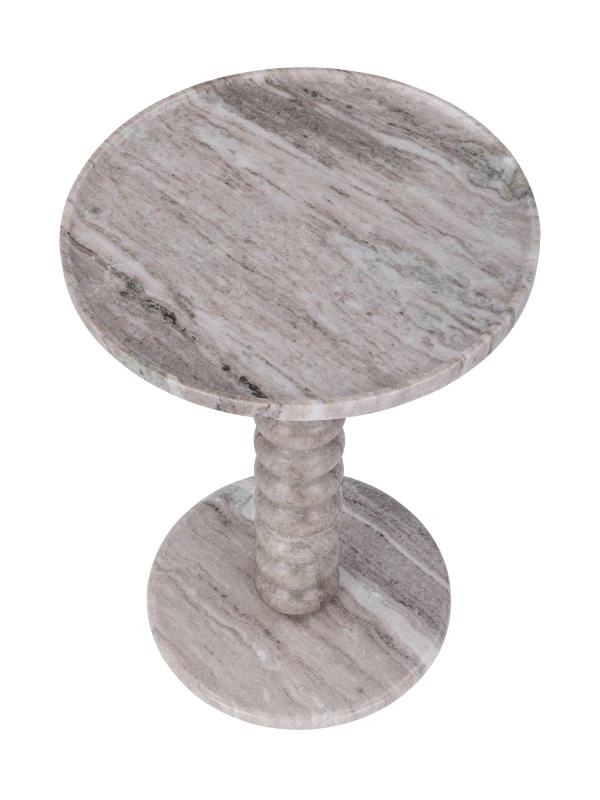 Beige marble side table with sculptural bobbin pedestal