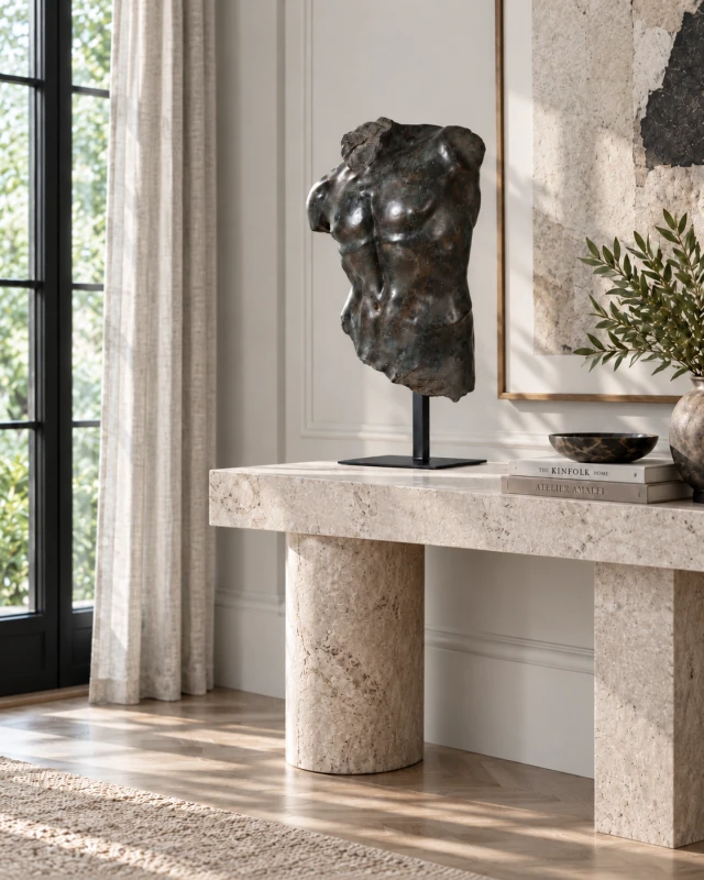 Male torso sculpture mounted on metal stand