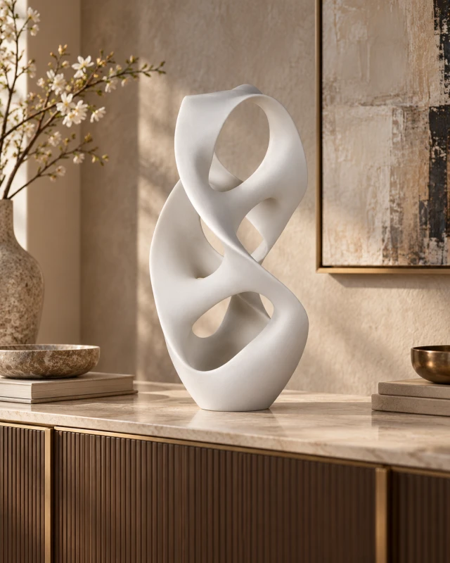 White abstract sculpture with flowing organic form