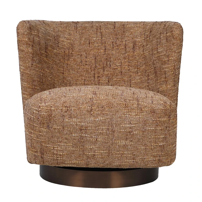 Brown upholstered armchair with curved back and metal base