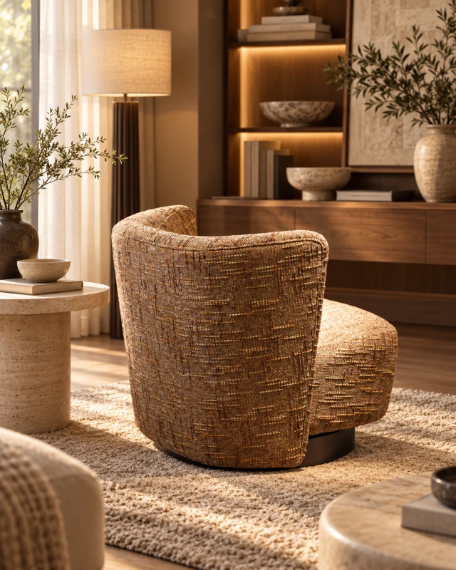 Louise designer armchair in warm brown textured fabric