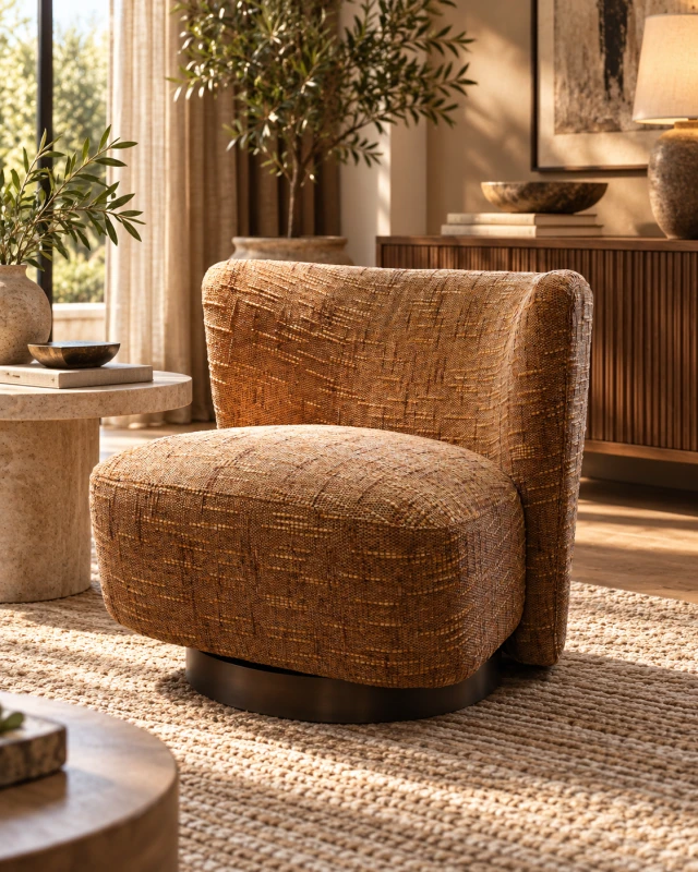 Louise brown accent chair styled in a contemporary living room