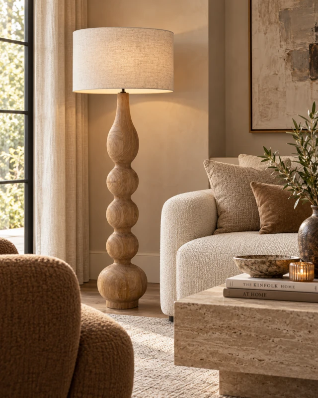 Wycliffe mango wood floor lamp with linen shade in a luxury living room