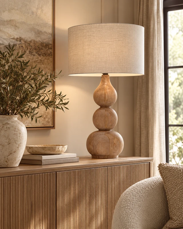 Wycliffe mango wood table lamp with linen shade on a wooden sideboard in a luxury living room
