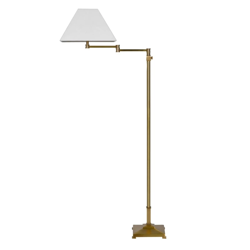 Bramwell brass floor lamp 143 cm with offset arm and light linen shade