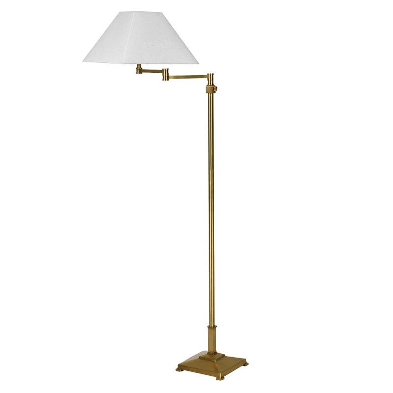 Bramwell brass standing lamp with square base and tapered linen shade