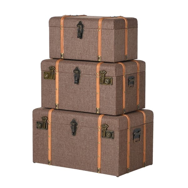 Belmore set of three brown fabric storage trunks with tan bands and metal clasps