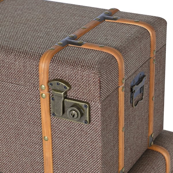 Close-up of Belmore storage trunk showing woven fabric, tan trim and metal fittings