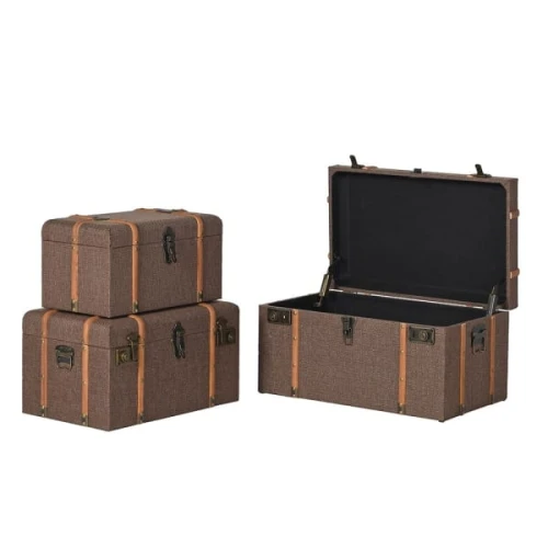 Belmore Vintage Storage Trunks – Set of 3 Brown Fabric Chests