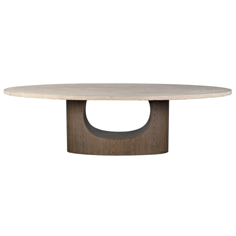 Shoreditch 270cm oval travertine dining table with dark ash veneer pedestal