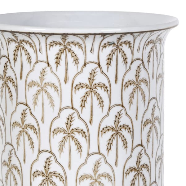 Close-up of beige and gold-toned palm tree motifs on Boscobel porcelain umbrella stand