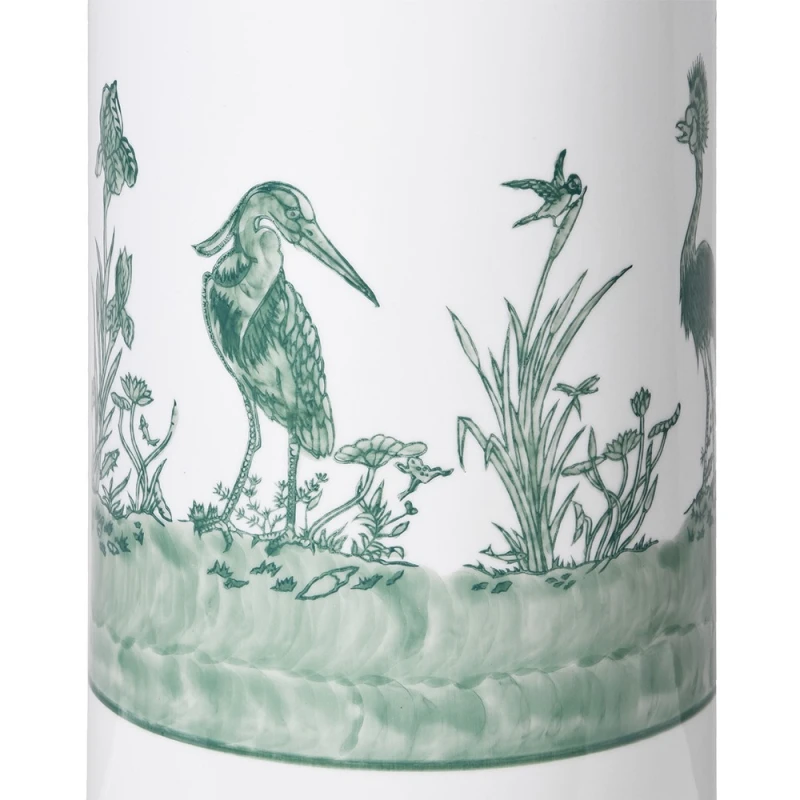 Close-up of green heron-like birds and botanical scenery on Richmond ceramic umbrella stand