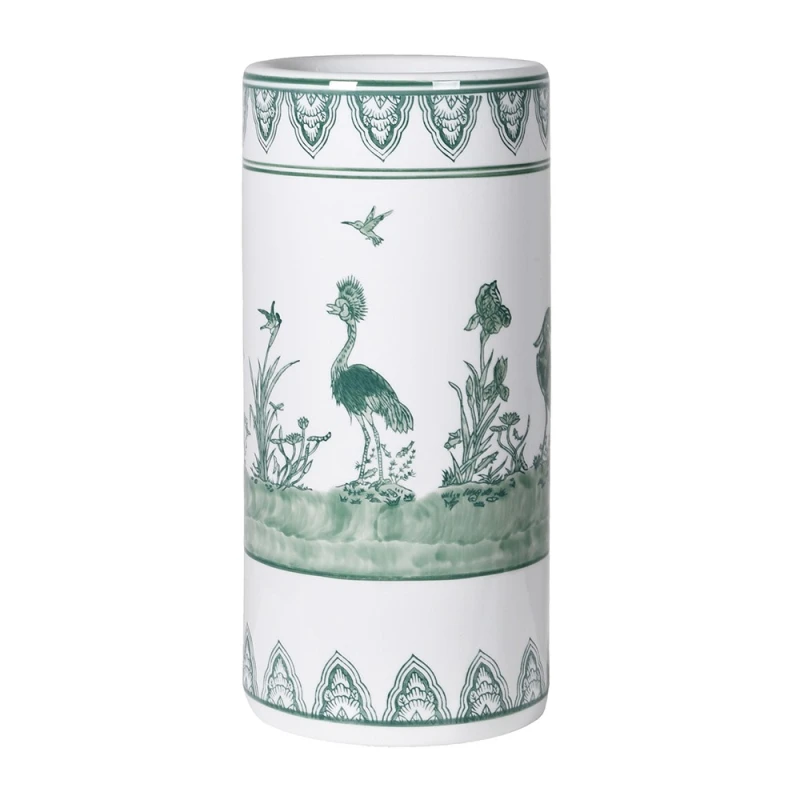 Richmond Birds ceramic umbrella stand 44cm with green bird illustrations on white ceramic