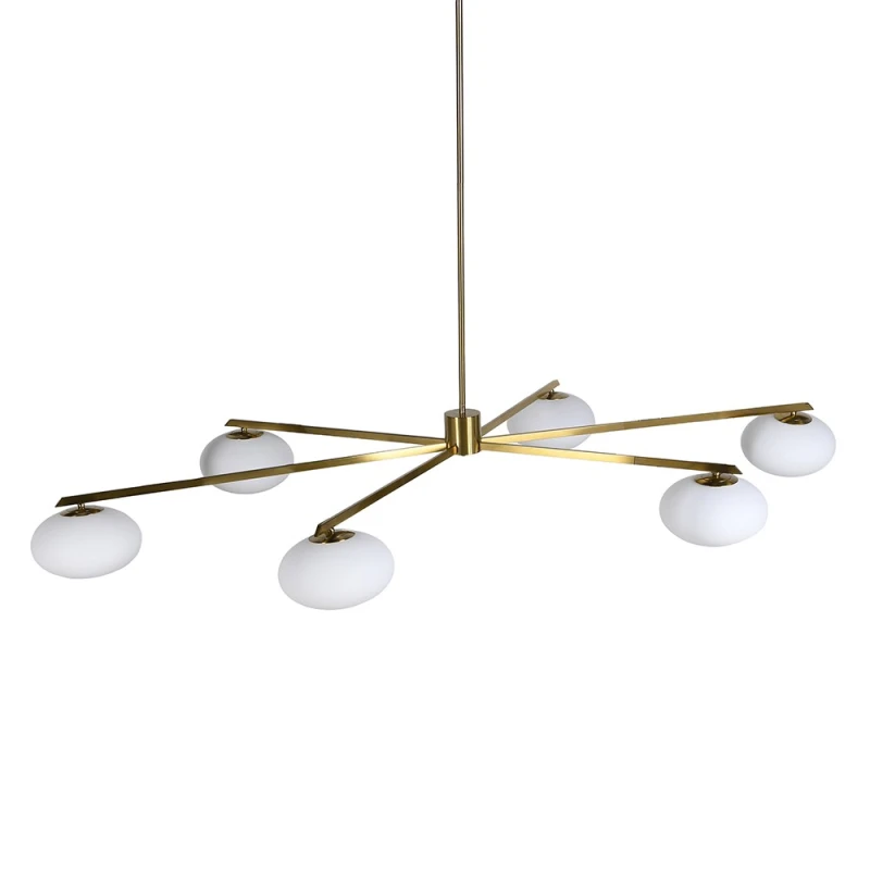 Bromley large gold globe chandelier with six white glass shades and sculptural iron arms