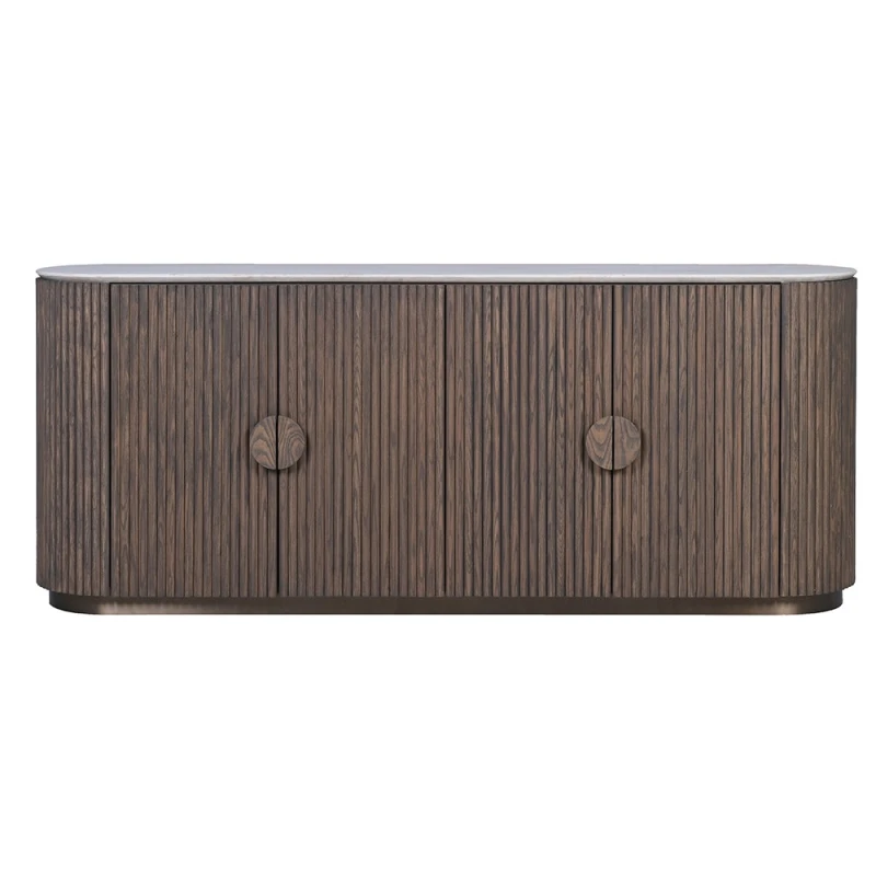Ashford fluted dark wood sideboard with four doors and pale marble top