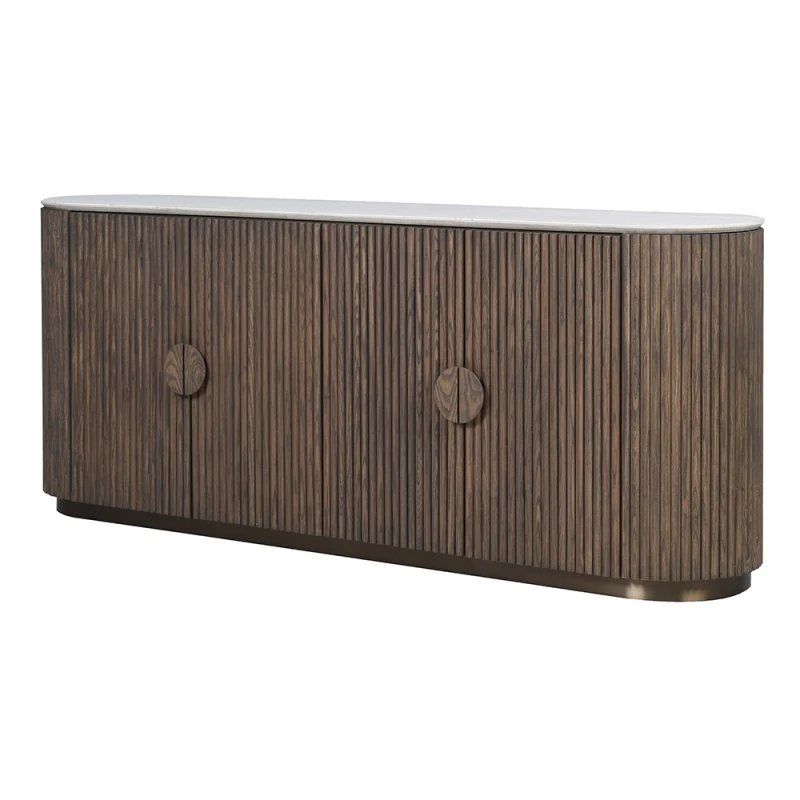 Large dark brown fluted sideboard with marble top and curved cabinet ends