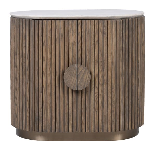 Ashford 65cm fluted two-door cabinet with dark ash veneer and pale marble top