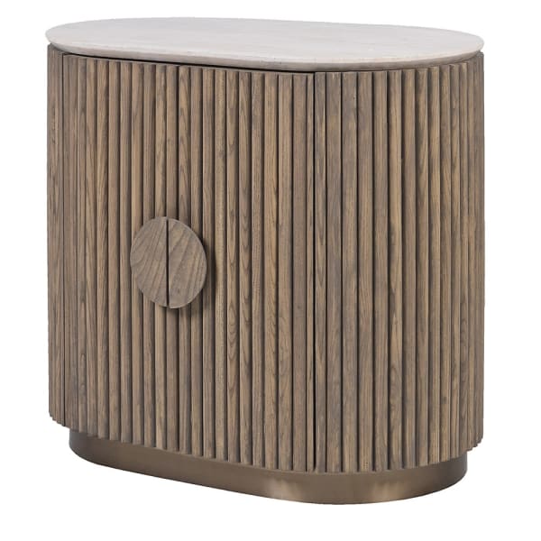 Small curved fluted wooden cabinet with circular handle and marble top