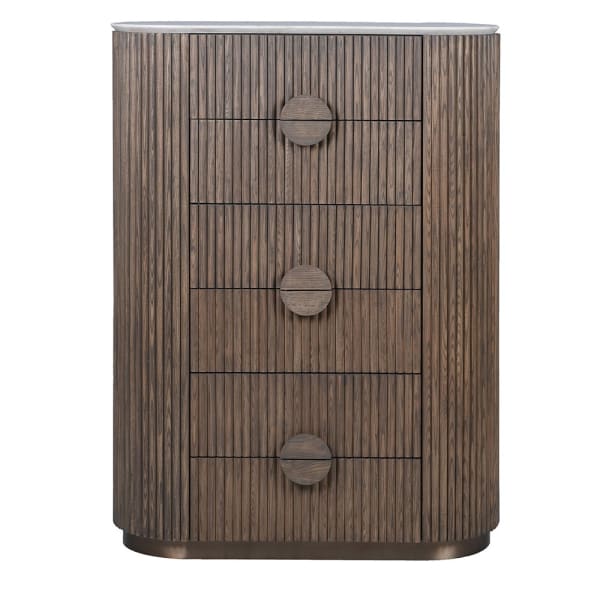 Ashford tall fluted chest of drawers with three wooden handles and marble top