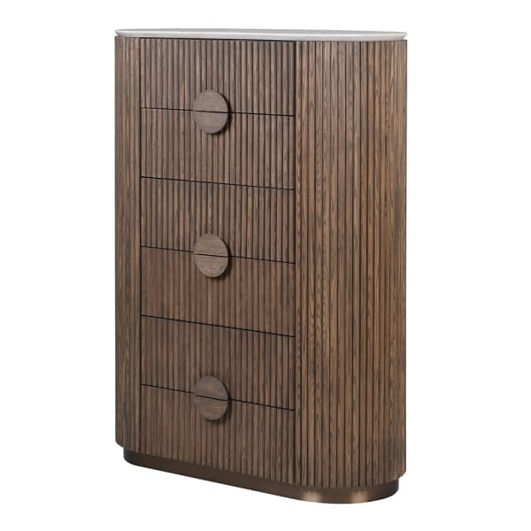 Tall dark wood three-drawer chest with fluted sides and pale marble top